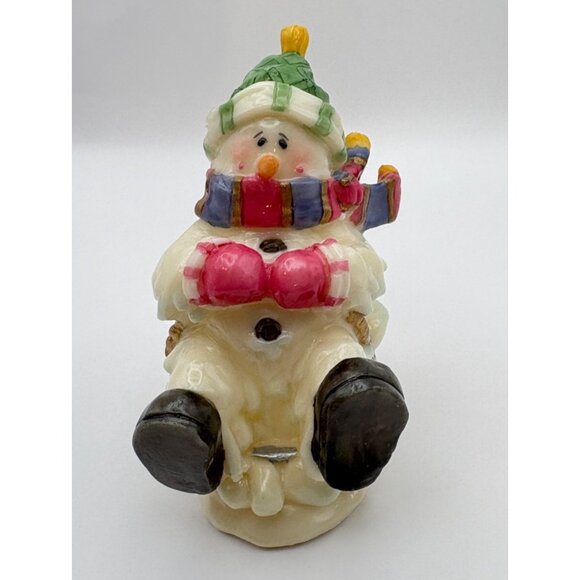 Vintage Sledding Snowman Christmas Figurine Green Hat Winter Fun - Picture 2 of 9